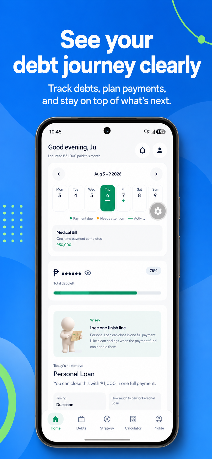 Home dashboard showing total debt and upcoming payments